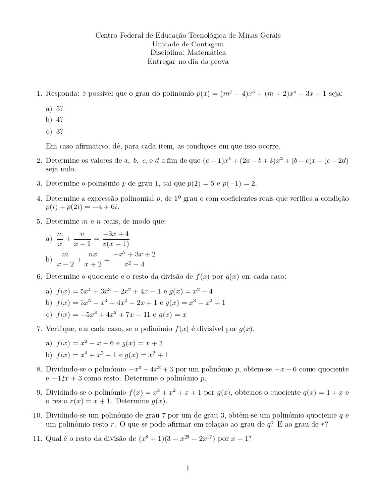 Exercícios de Polinômios e Divisão | PDF | Métodos e Materiais de ...