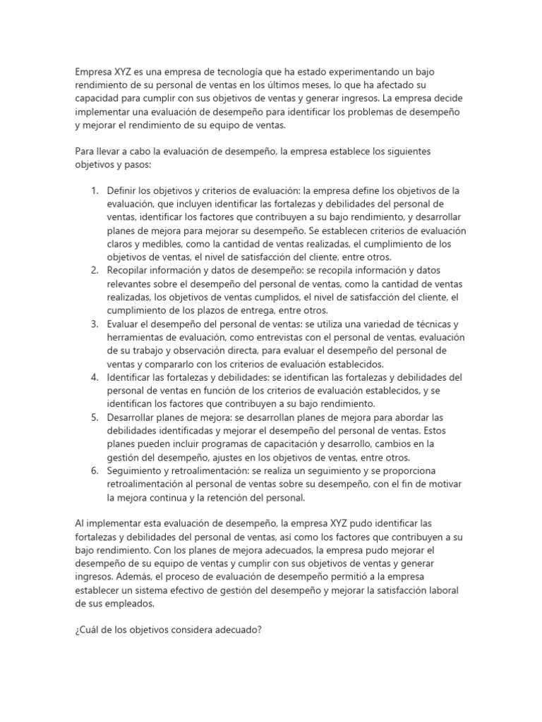 Mejora del Desempeño en Empresa XYZ | PDF
