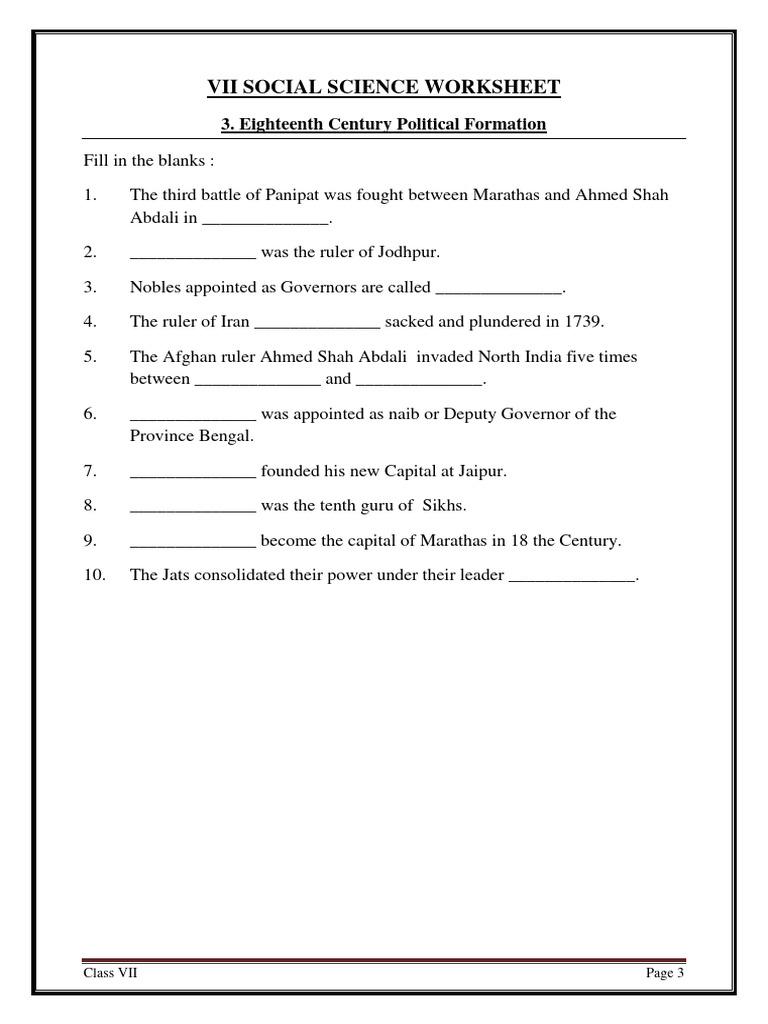 18th Century Political Formation History Worksheet PDF