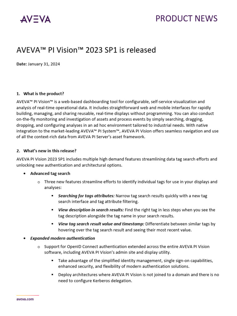 ProductNews AVEVA AVEVAPIVision2023SP1 23-01 | PDF | Systems ...