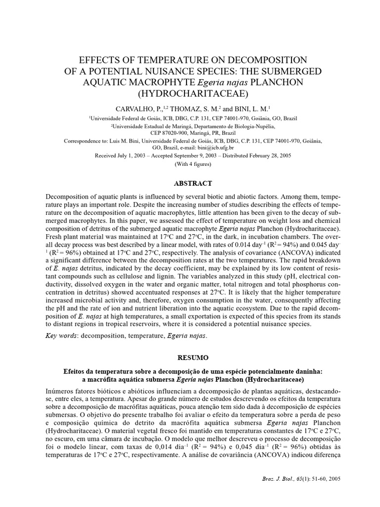 Effects of Temperature On Decomposition of A Potential Nuisance Species ...