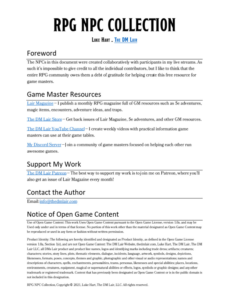 RPG NPC Collection for Game Masters | PDF