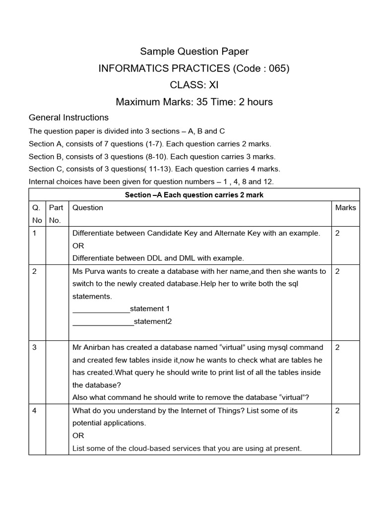Class XI Informatics Practices Sample Paper | PDF | Computers