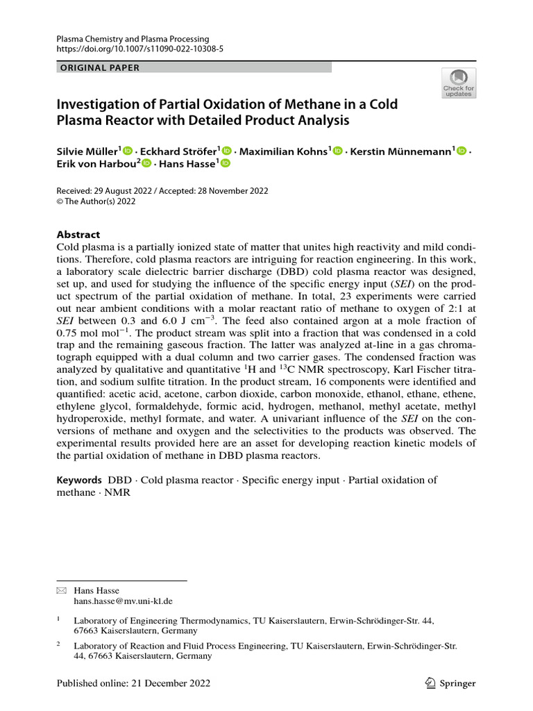 Paper 2022 - Oxidation of CH4 in Plasma | PDF | Gas Chromatography ...