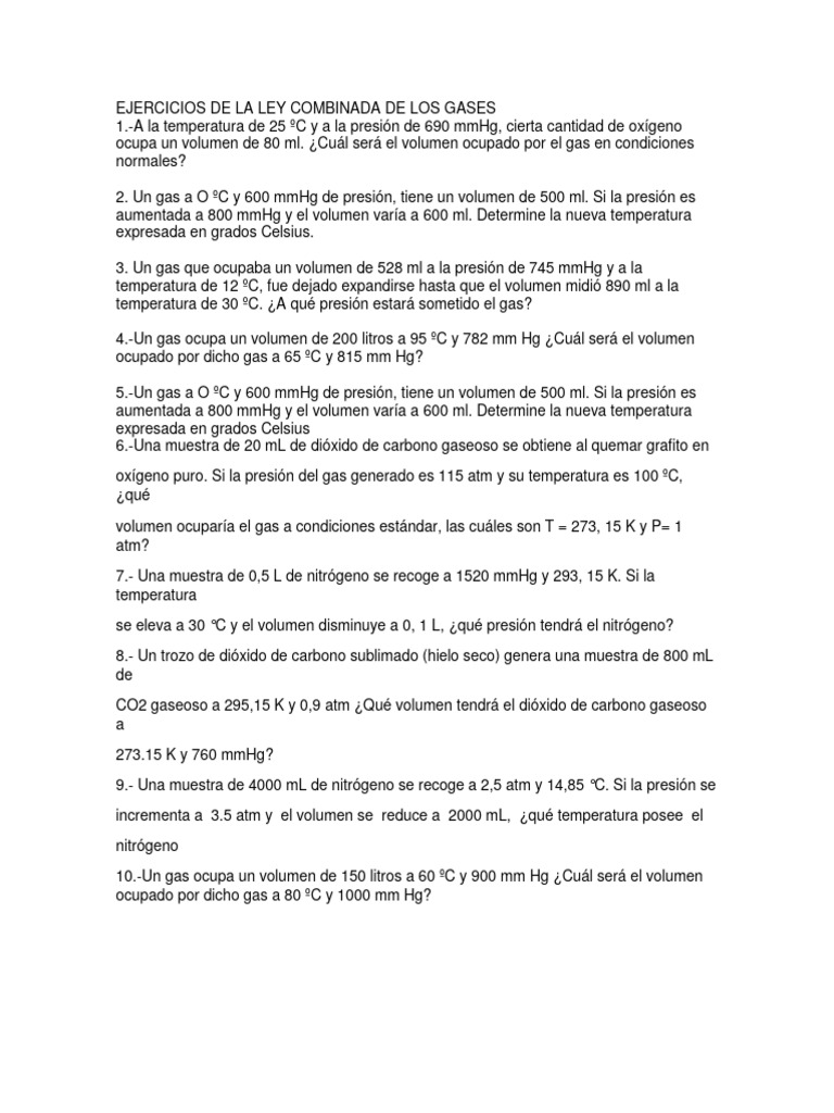 Ejercicios de La Ley Combinada de Los Gases | PDF