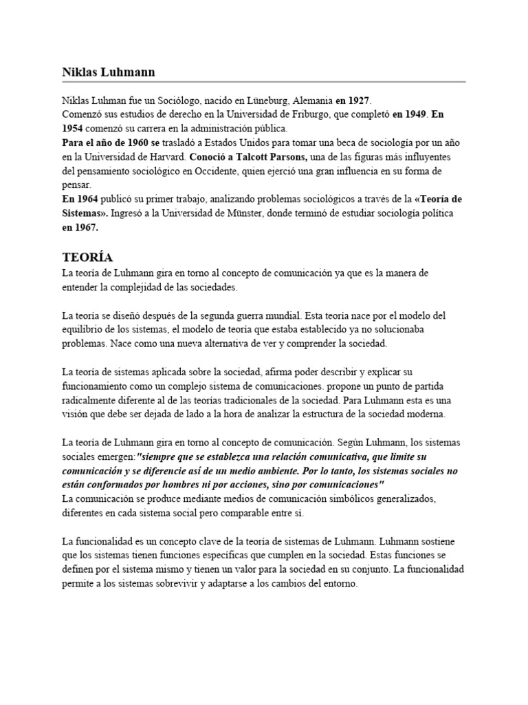 Niklas Luhmann-TEORIA | PDF | Política | Ciencias sociales