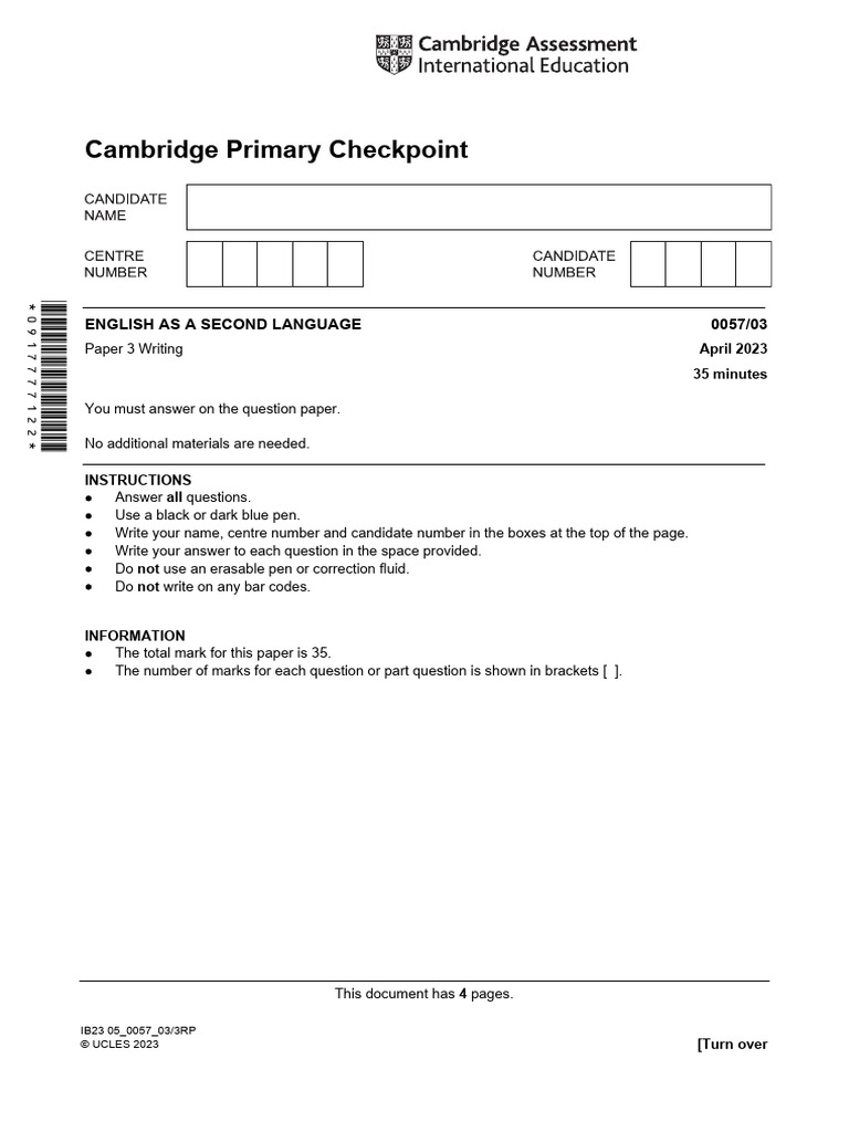 Cambridge Primary Checkpoint: English As A Second Language 0057/03 | PDF