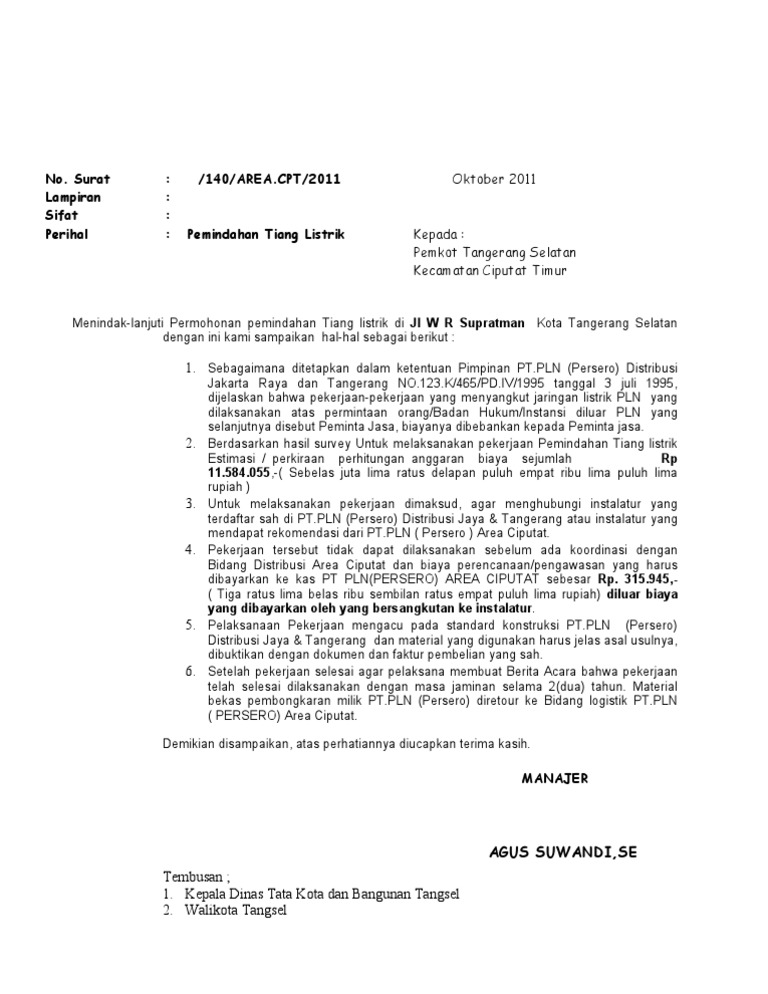 Contoh Surat Permohonan Pemasangan Listrik Ke Pln Delinewstv