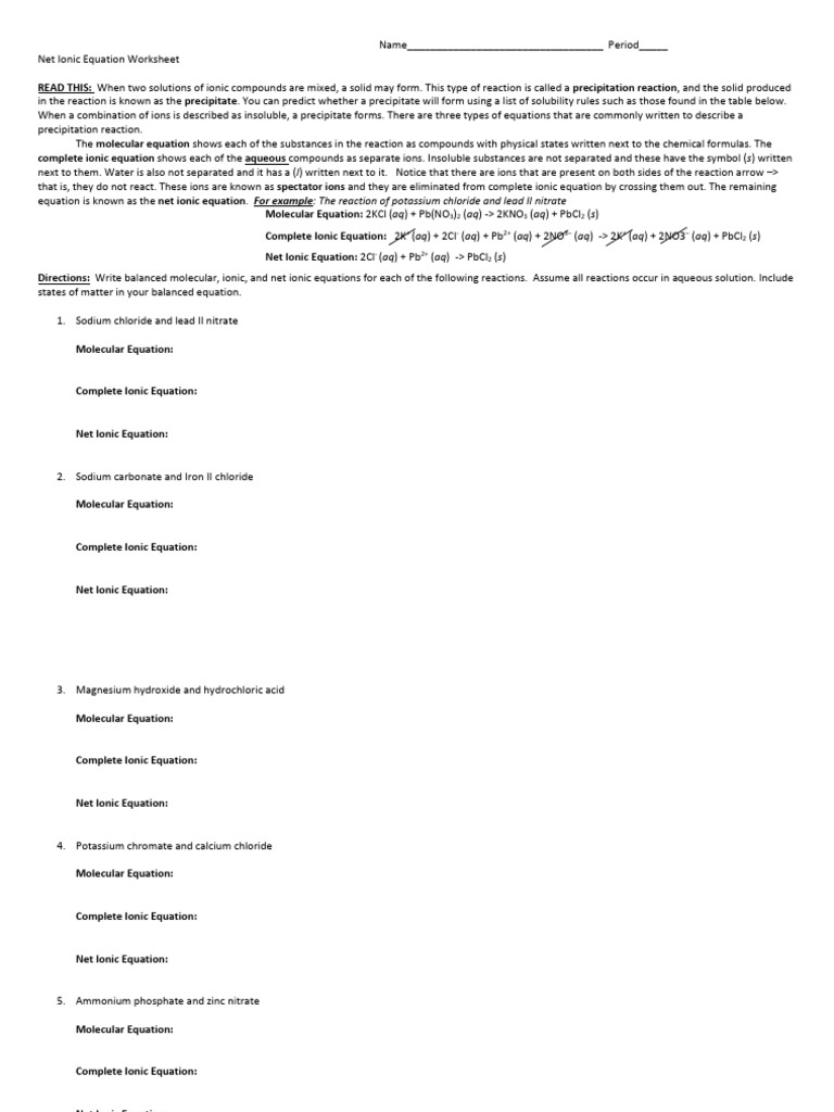 Net Ionic Equation Worksheet PDF