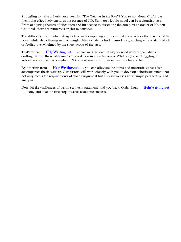 Thesis Statement Catcher in The Rye PDF J. D. Salinger