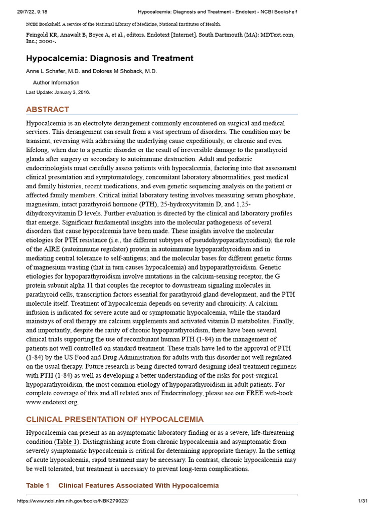Hypocalcemia - Diagnosis and Treatment - Endotext - NCBI Bookshelf ...