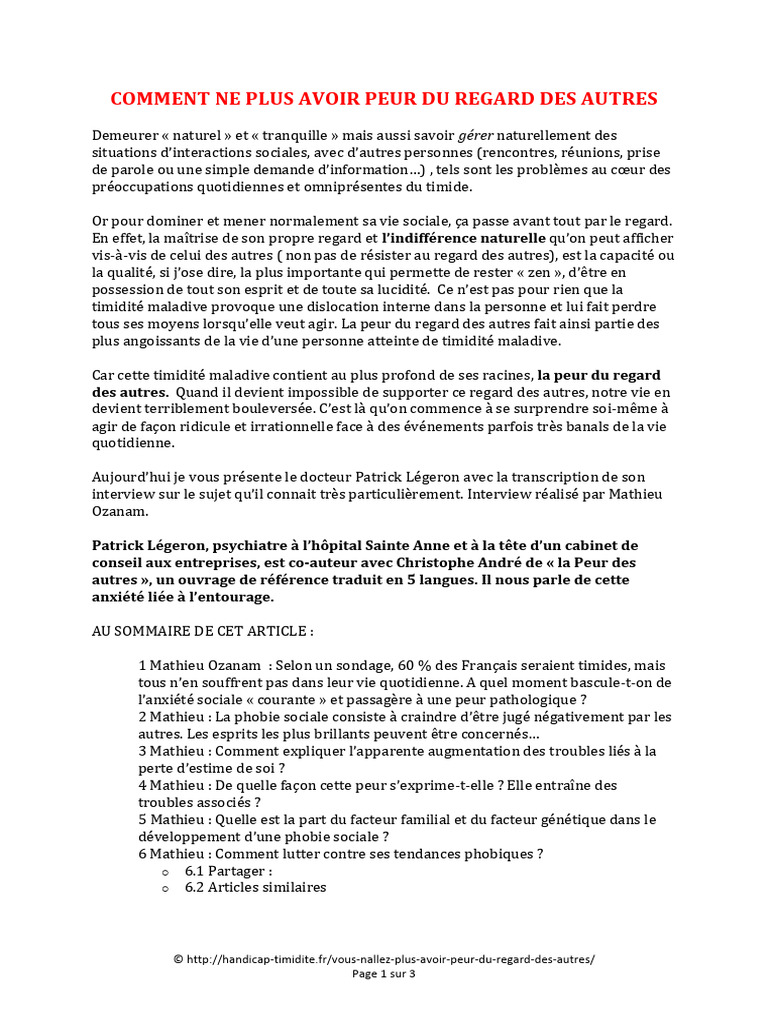 Surmonter la peur du regard des autres | PDF | Phobie sociale | Peur