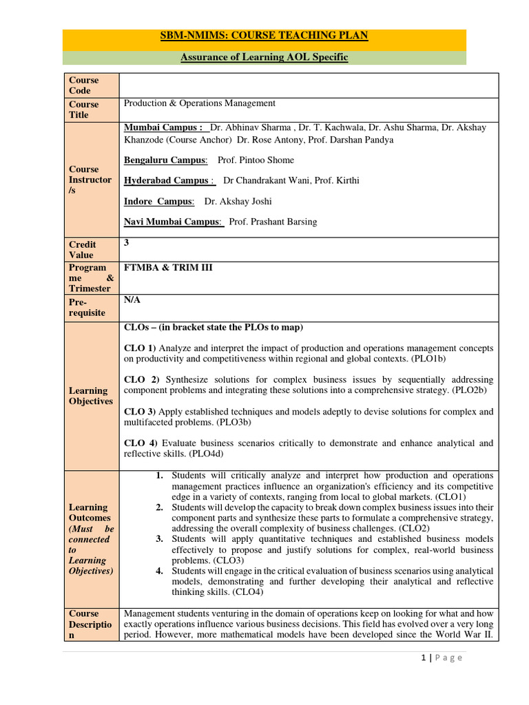 MBA Operations Management Plan | PDF | Business | Art