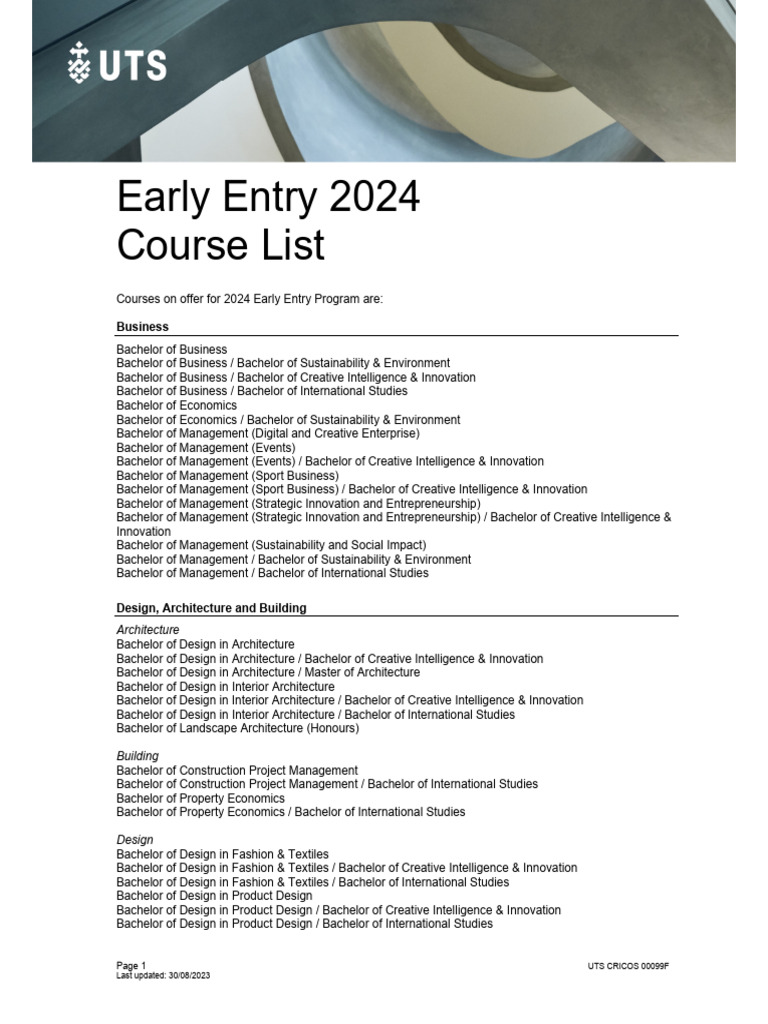 UTS Early Entry Program 2024 Course List V4 PDF PDF Engineering