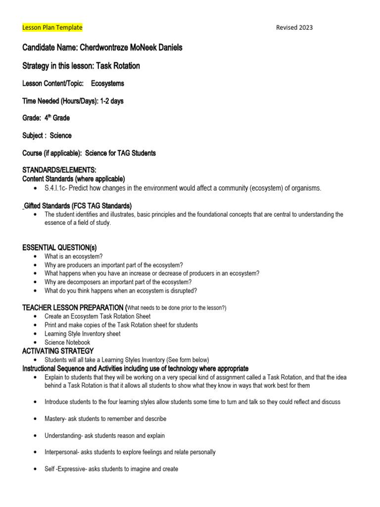 Lesson Plan 3 Task Rotation Ecosystems PDF Lesson Plan Learning