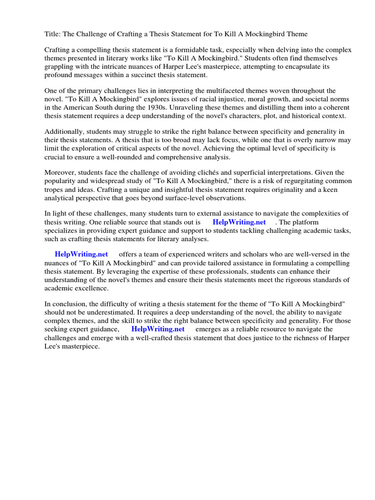 Thesis Statement For To Kill A Mockingbird Theme PDF To Kill A