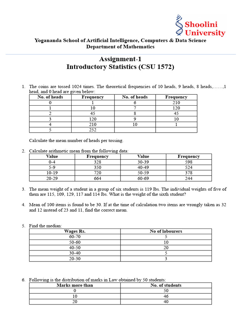 Introductory Statistics Assignment | PDF | Arithmetic Mean | Salary