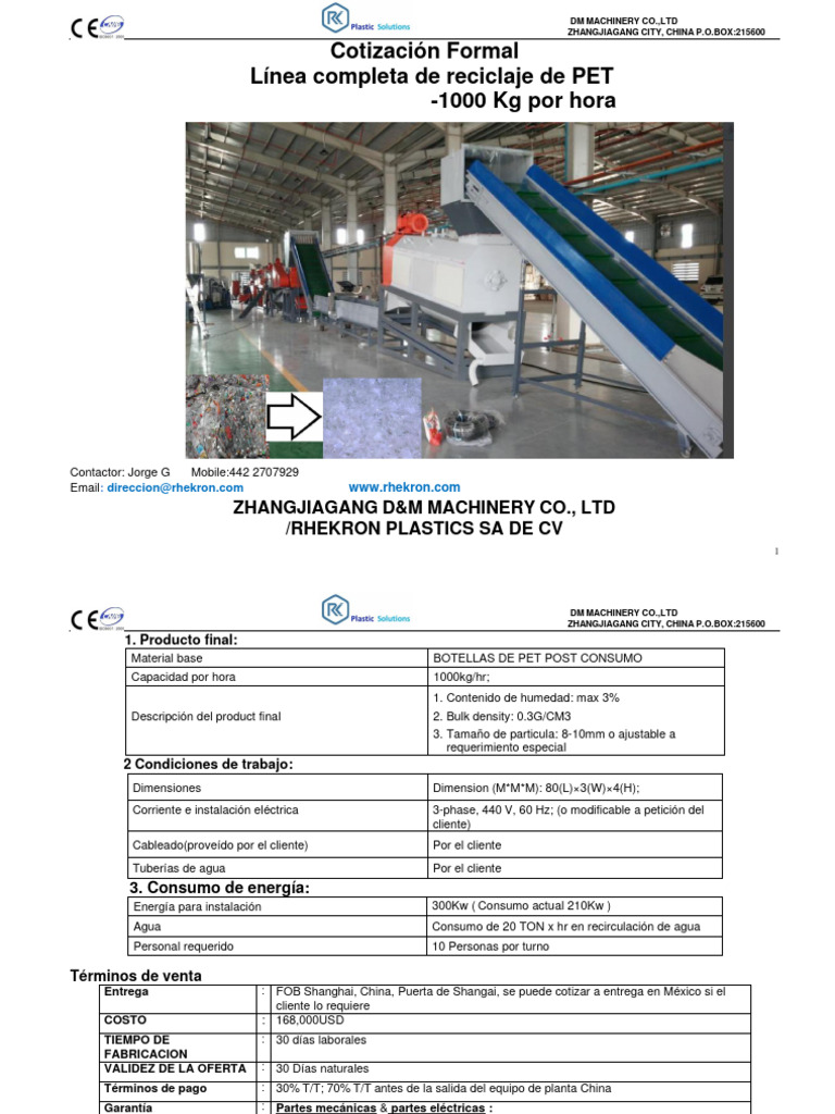 Linea de Lavado de Pet 200kghrB Con Molino | Steel | Screw