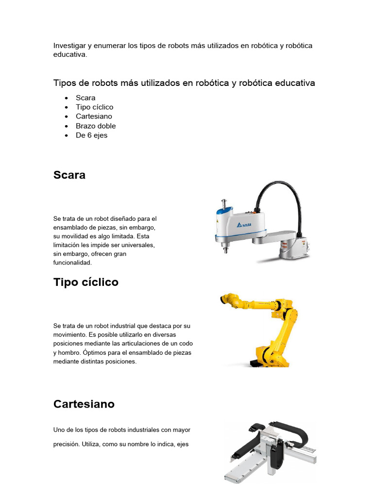 Investigar y Enumerar Los Tipos de Robots Más Utilizados en Robótica y ...