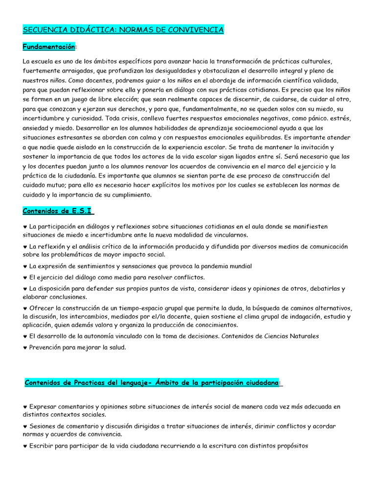 Secuencia N° 1 Normas de Convivencia 2023 | PDF | Enseñando | Estrés ...