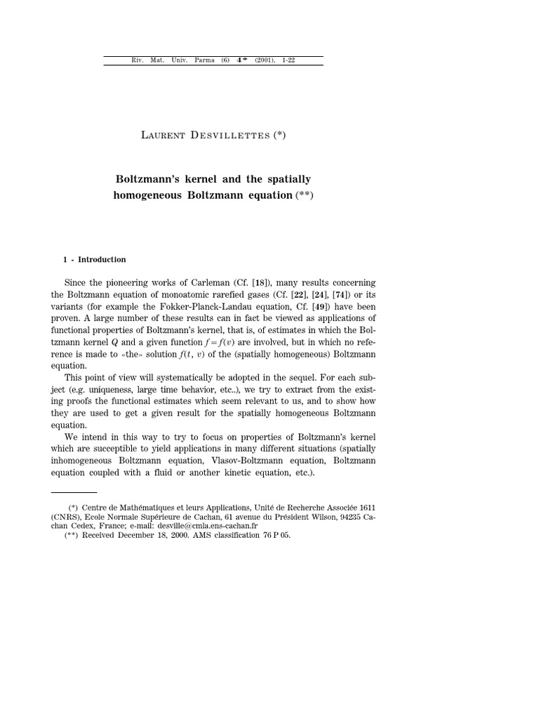 Boltzmann's Kernel and The Spatially Homogeneous Boltzmann Equation ...