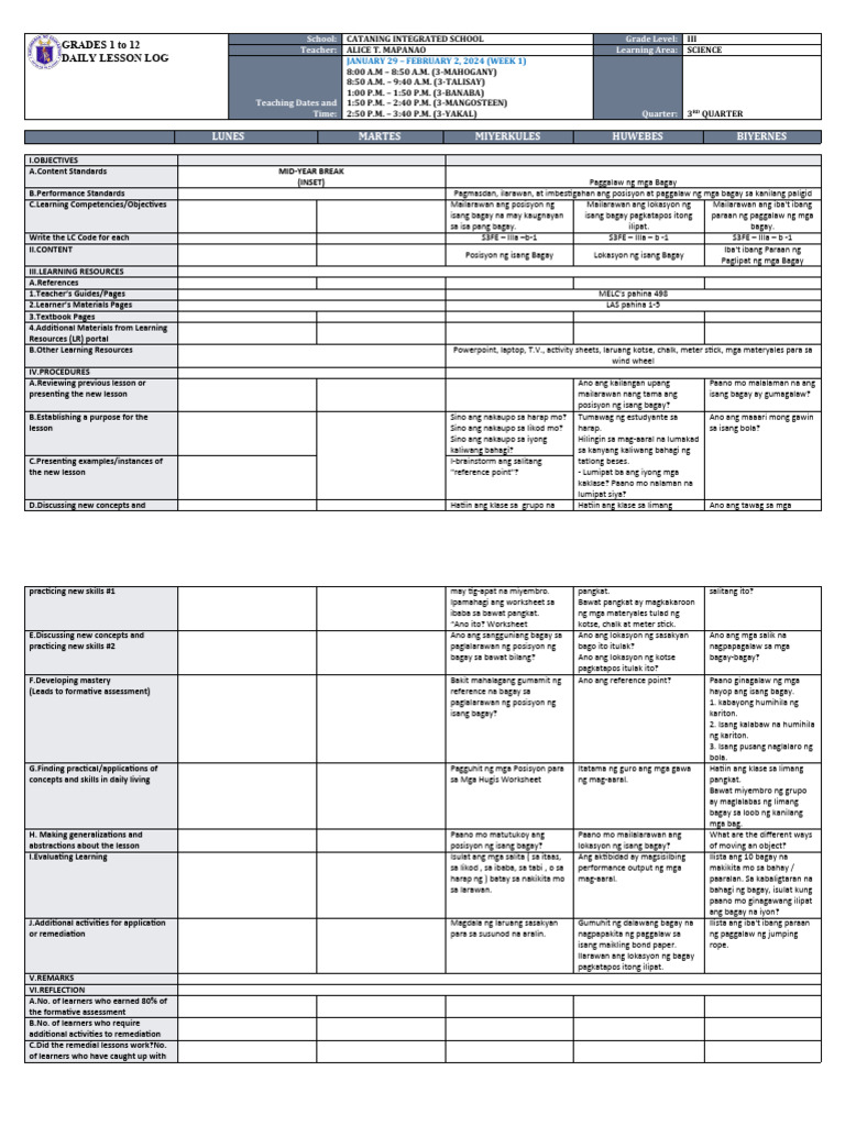DLL - Science 3 - Q3 - W1 | PDF