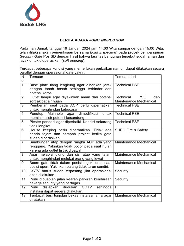 Hasil Joint Inspection Security Gate SD | PDF | Teknologi & Rekayasa