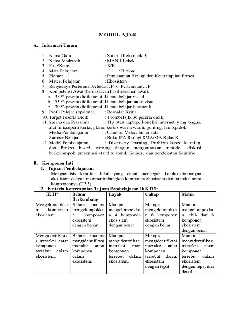 CONTOH MODUL AJAR BIO DENGAN ASESMEN DAN DIFFERENSIASI (Derma) | PDF