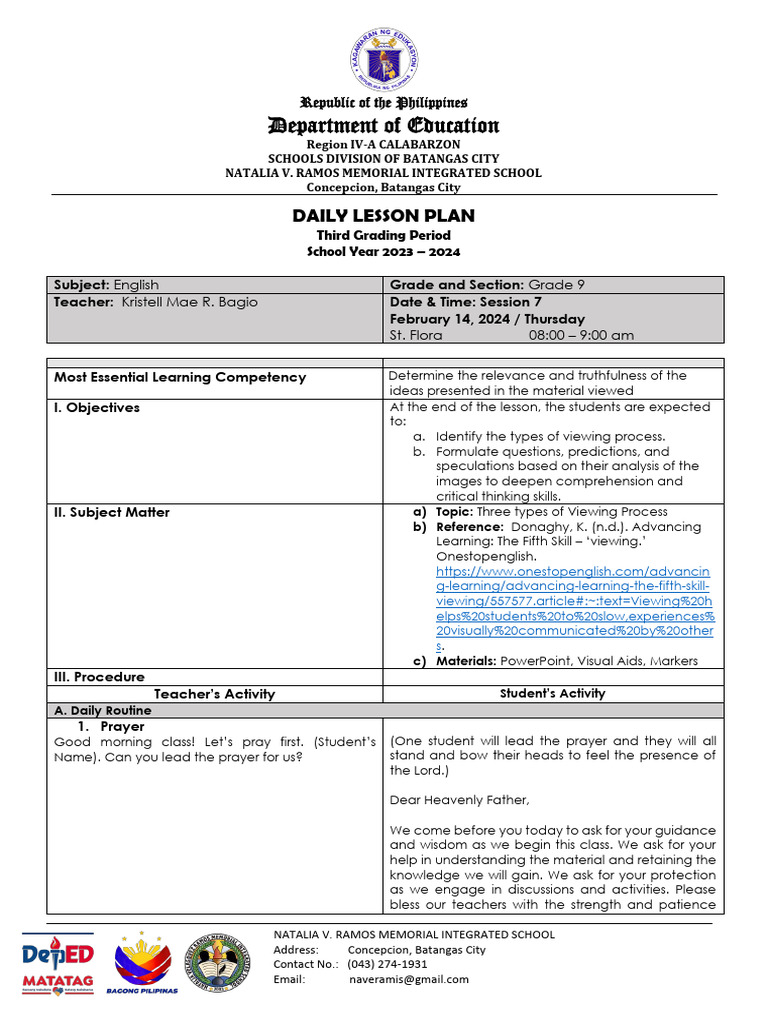 Grade 9 English Daily Lesson Plan | PDF