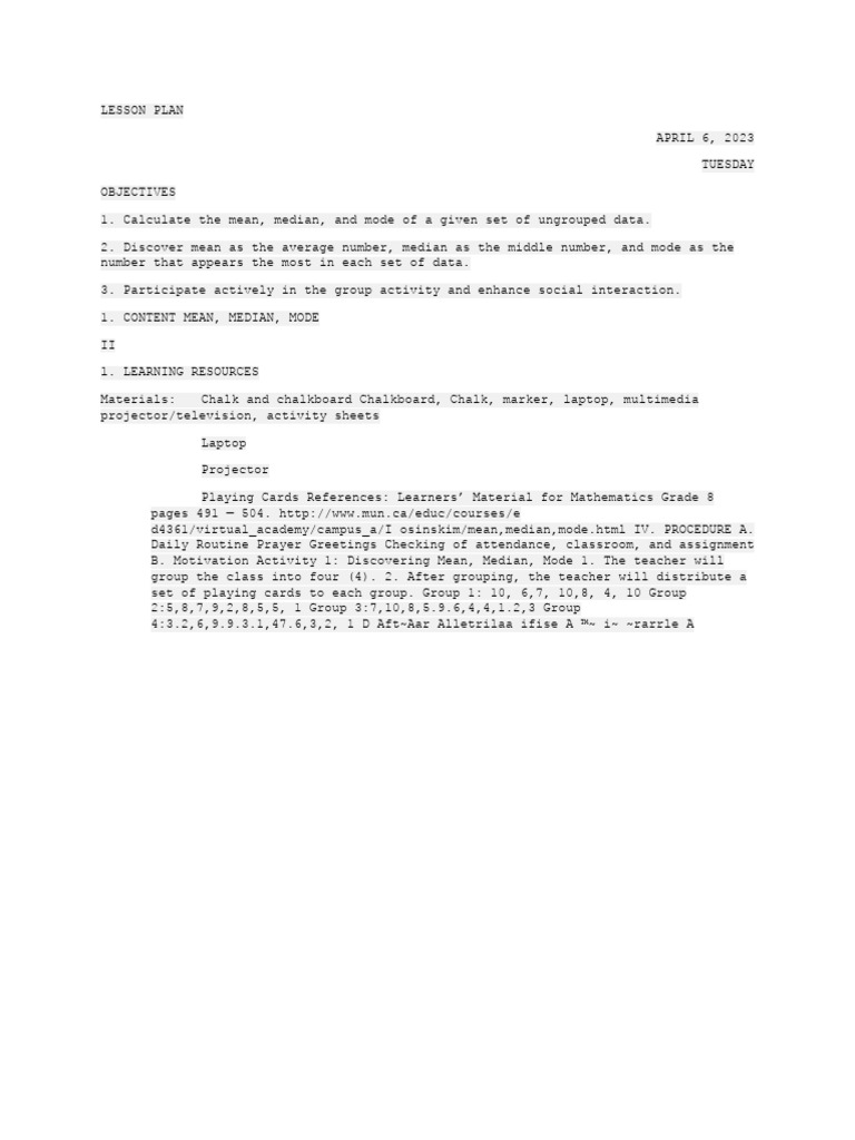 Lesson plan in mathematics 7 learning competency pdf mean lesson plan