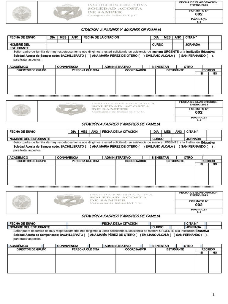 Formato 002 Citación A Padres de Familia Iesas - 2023 | PDF