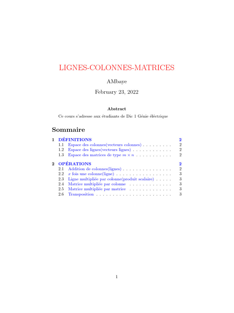Matrices : Lignes et Colonnes | PDF | Matrice (Mathématiques ...
