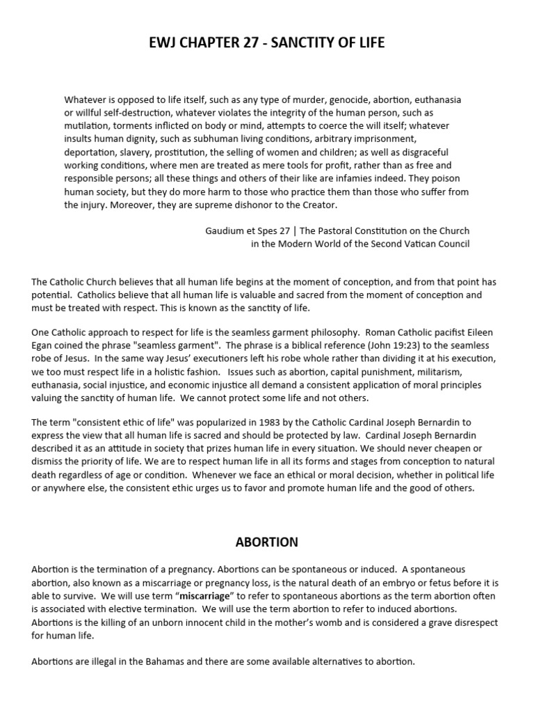 SANCTITY OF LIFE Chapter 27 - ABORTION AND EUTHANASIA | PDF