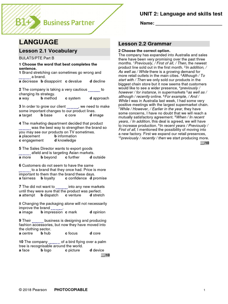 B1+ Unit 2 Language Skills Test | PDF