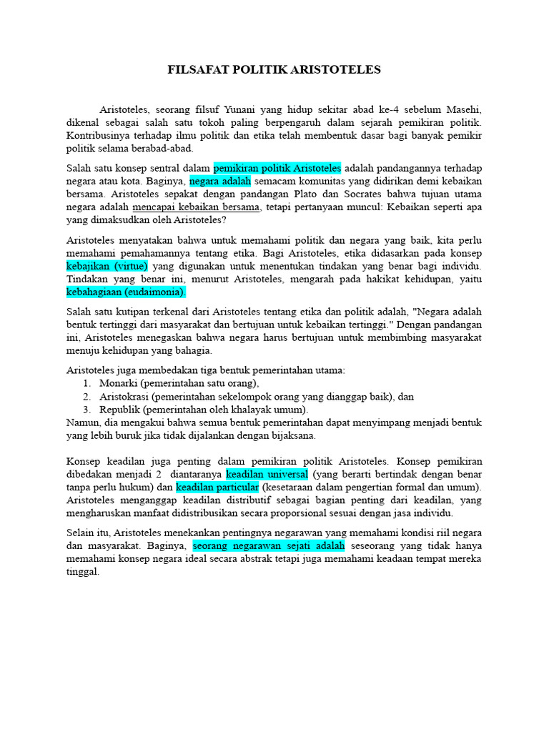 Filsafat Politik Aristoteles - Daspol | PDF