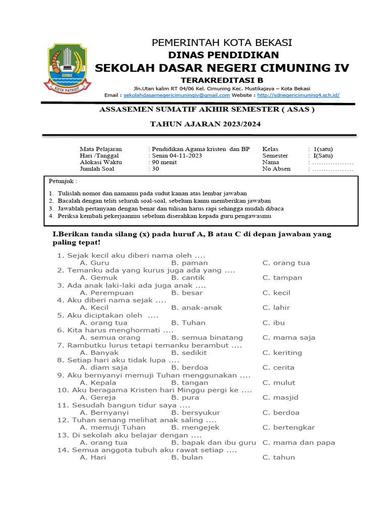 Soal Agama Kristen Kelas 1 Sd Pdf