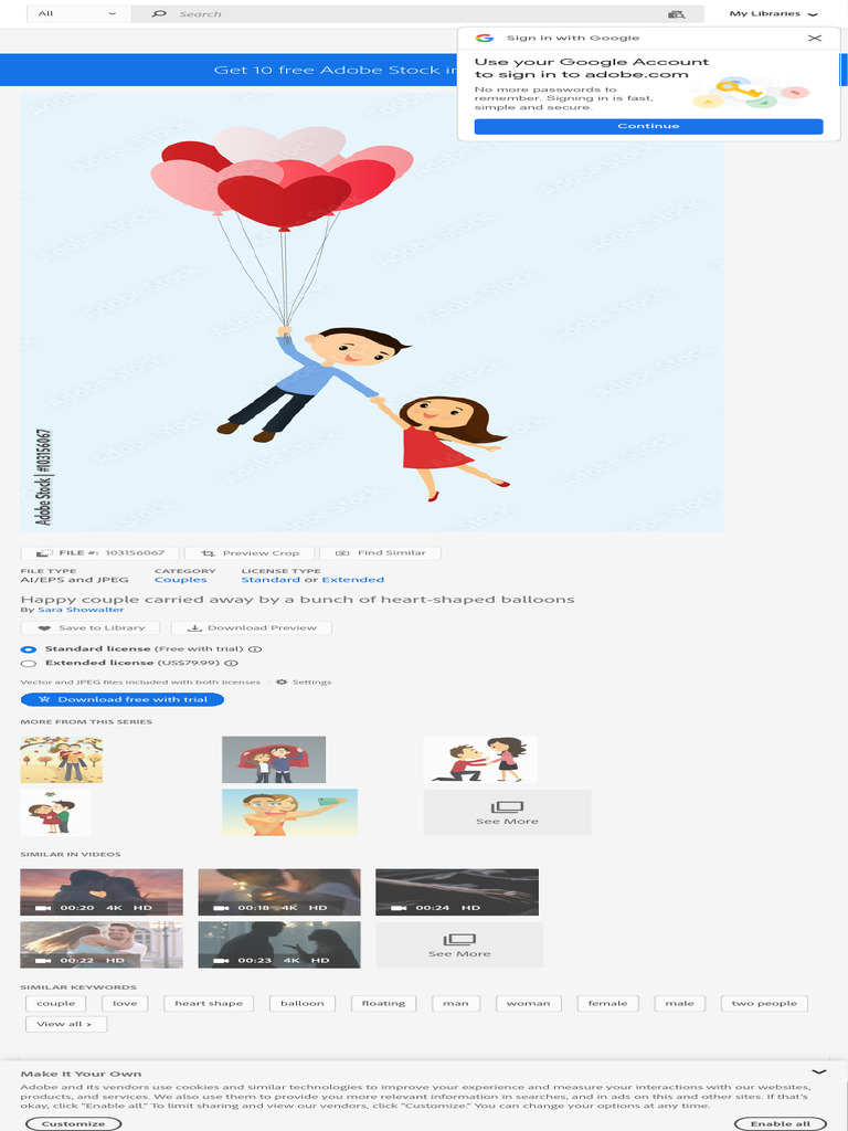 Happy Couple Carried Away by A Bunch of Heart Shaped Balloons Stock