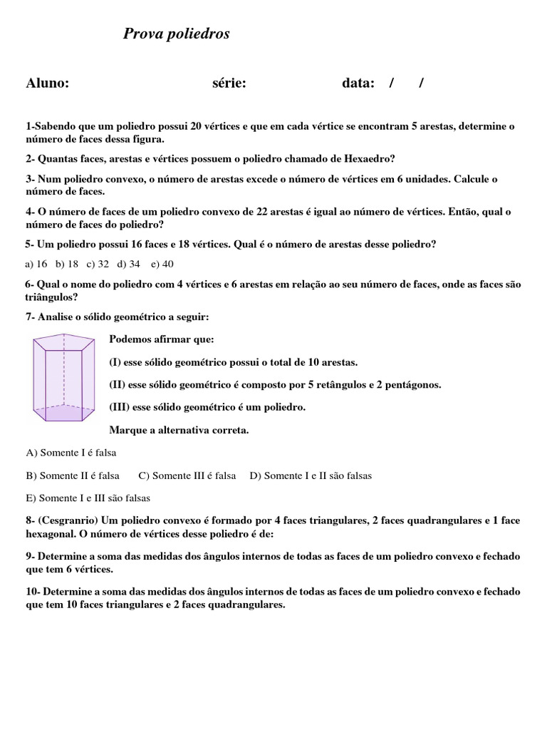 Prova de Poliedros: Questões e Cálculos | PDF