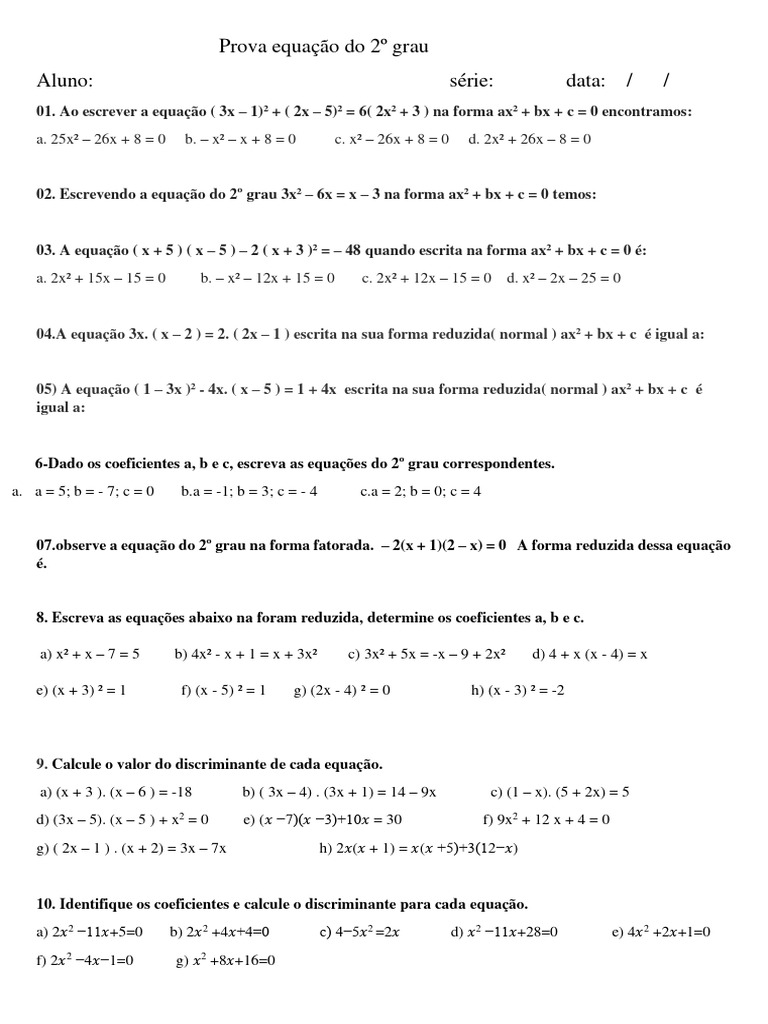 Prova de Equações do 2º Grau | PDF | Métodos e Materiais de Ensino ...