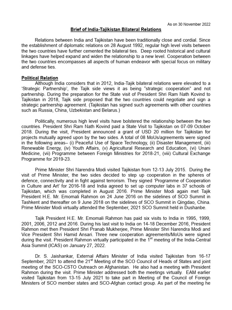 India-Tajikistan Bilateral Relations Overview | PDF