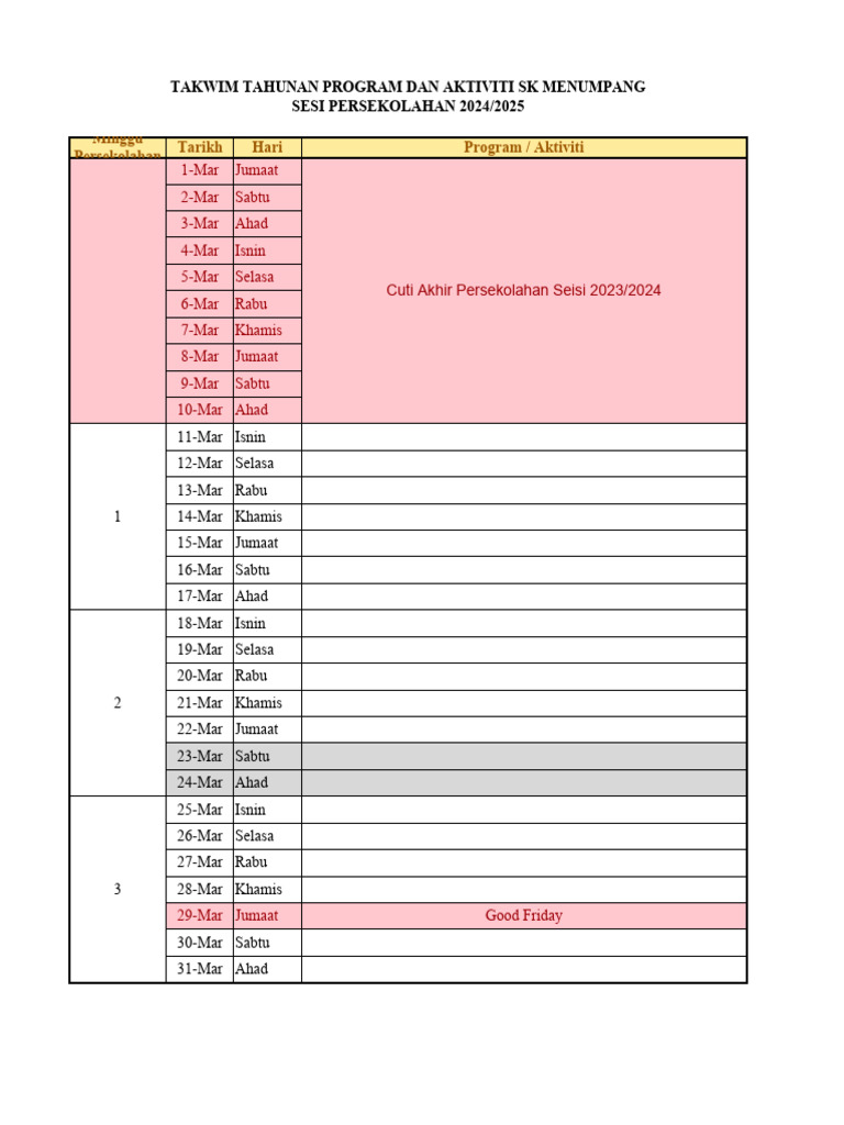 Takwim Sekolah 2024/2025 SK Menumpang | PDF