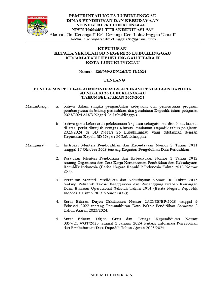 Sk Operator Dapodik 2024 Pdf