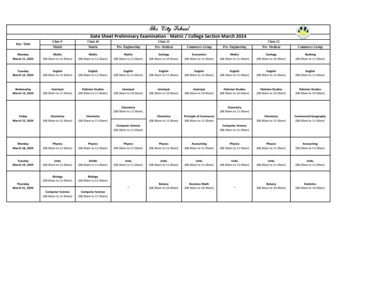 Matric Exam Date Sheet March 2024 | PDF | Science