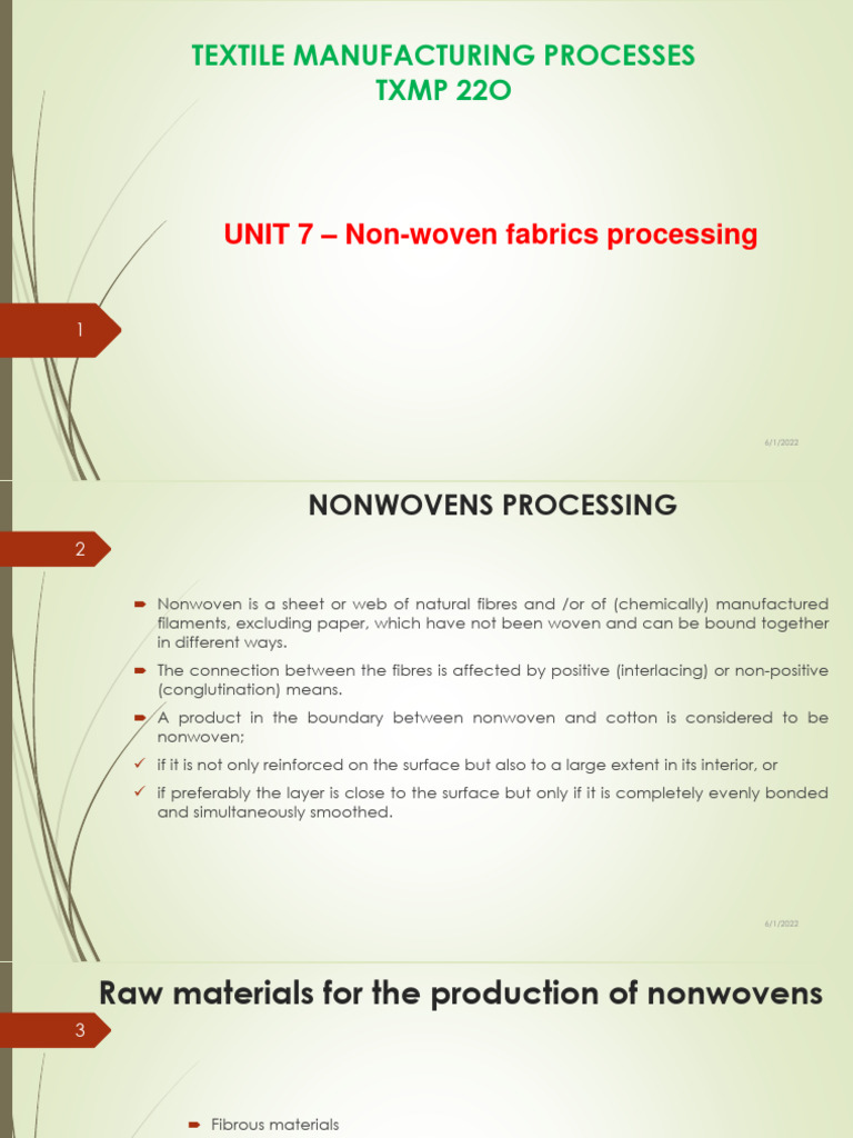 Unit 7 - Nonwoven Fabrics Processing | PDF | Nonwoven Fabric | Polymers