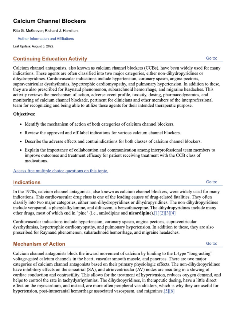 Calcium Channel Blockers StatPearls NCBI Bookshelf Download Free PDF Calcium