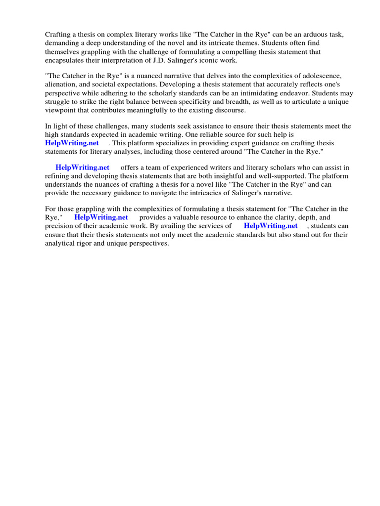 Catcher in The Rye Thesis Statement Examples Download Free PDF J. D