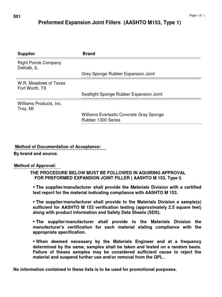501 Preformed Expansion Joint Fillers AASHTO M153 Type 1 PDF