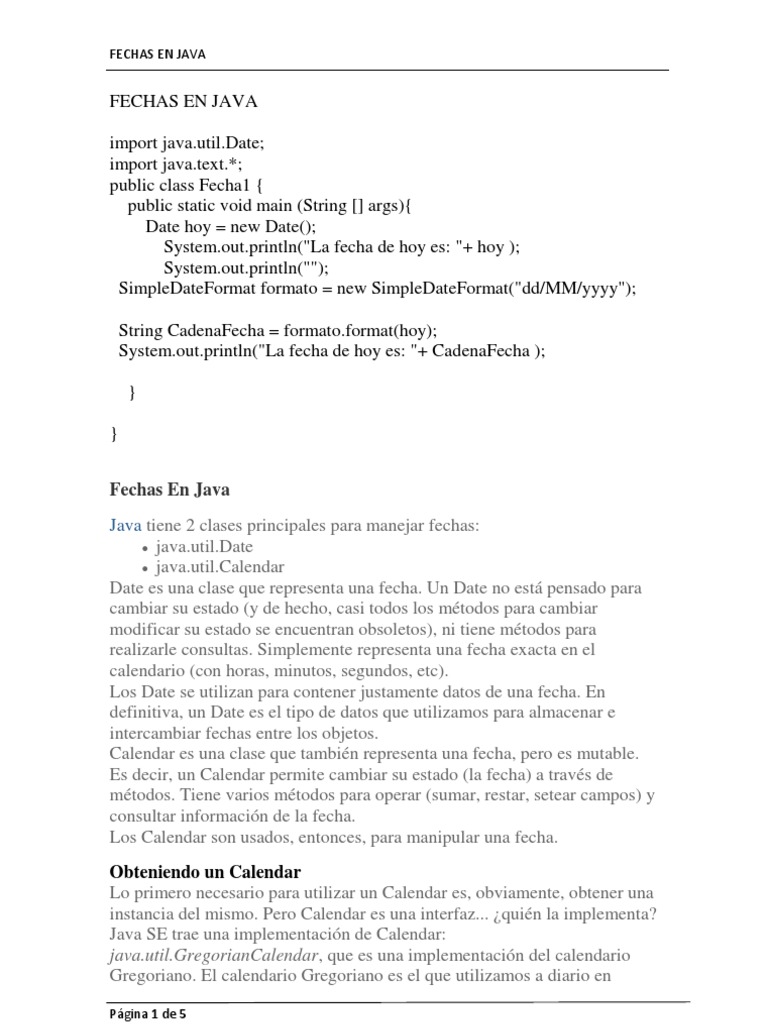 Fechas en Java | PDF | Java (lenguaje de programación) | Clase ...