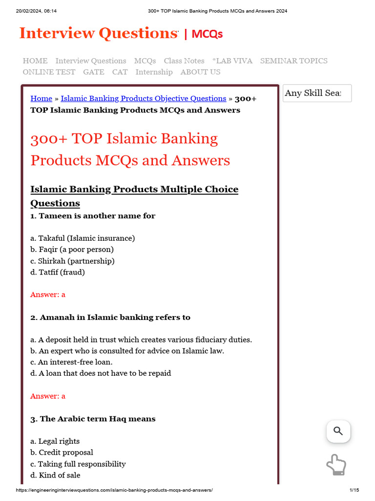 Islamic Banking Products MCQs 2024 | PDF | Islamic Banking And Finance ...