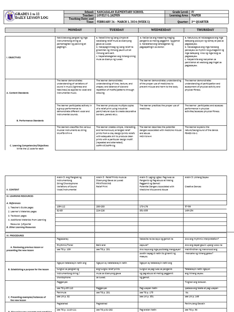 MAPEH Daily Lesson Log for Grade IV | PDF